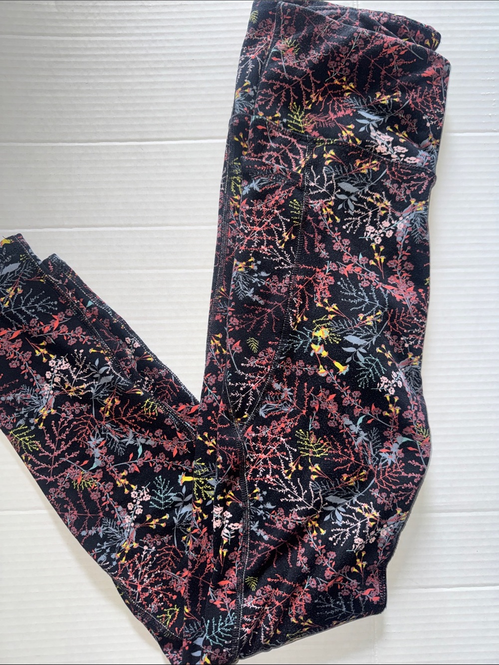 Floral Botanical Print Leggings - Black Base with Pink & Blue Accents